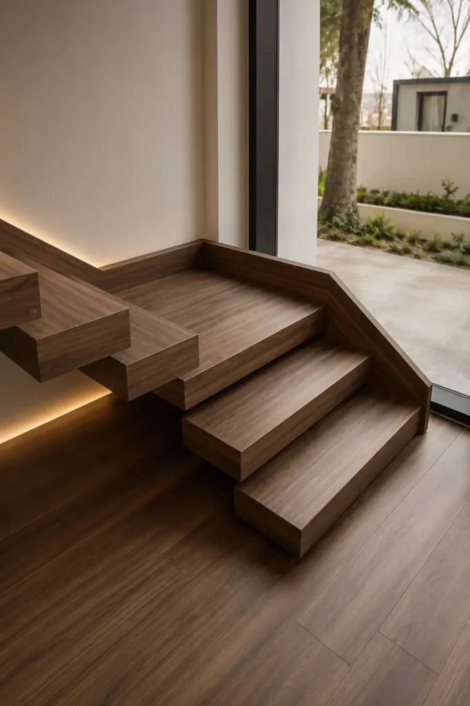 Ahşap basamaklı modern merdiven uygulaması