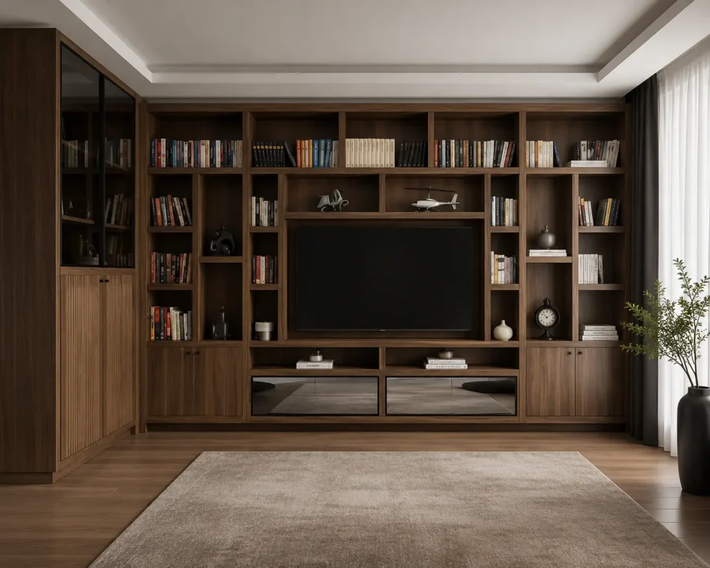Ceviz tonlarında duvar boyunca kitaplık ve TV ünitesi