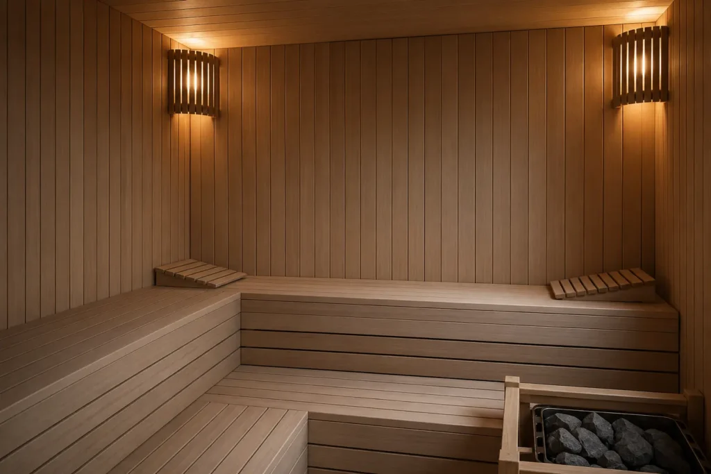 Doğal ahşap sauna oturma ve duvar uygulaması